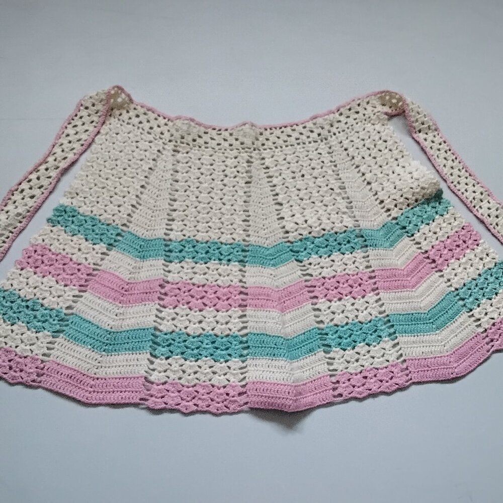 Vintage Crocheted Hostess Apron Small Size - Pink, Turquoise Blue & Cream Cotton